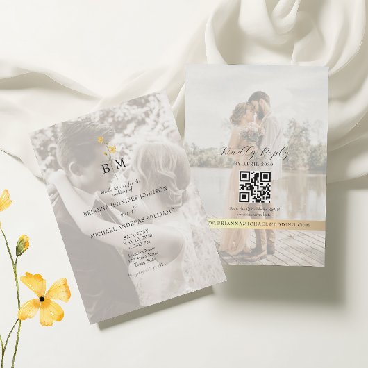 Gold Monogram Photo QR Code Wedding 招待状