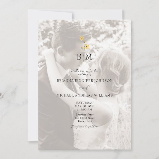 Gold Monogram Photo QR Code Wedding 招待状 (正面)