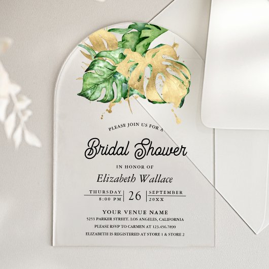 Gold Monstera Tropical Palm Bridal Shower アクリル招待状