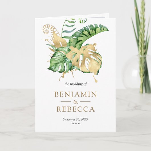 Gold Monstera Tropical Palm QR Code Wedding 招待状 (正面)
