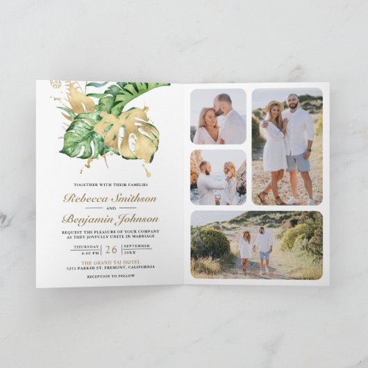 Gold Monstera Tropical Palm QR Code Wedding 招待状 (内部)