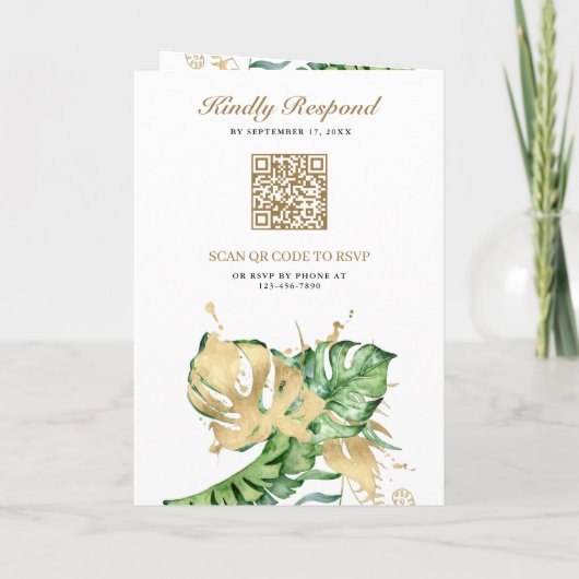 Gold Monstera Tropical Palm QR Code Wedding 招待状 (裏面)