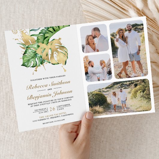 Gold Monstera Tropical Palm QR Code Wedding 招待状