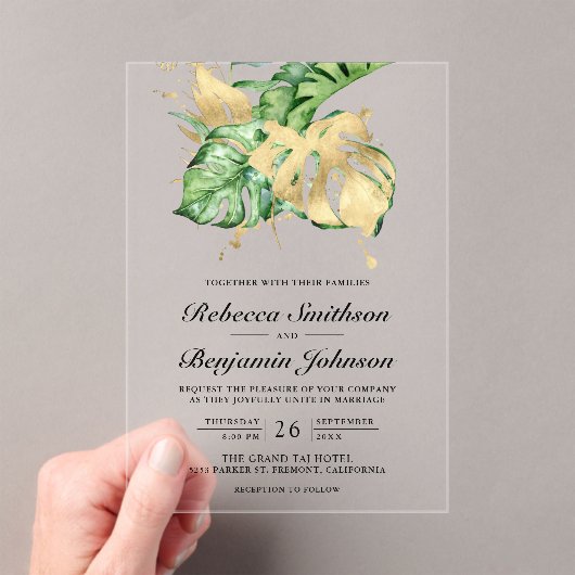 Gold Monstera Tropical Palm Wedding アクリル招待状 (インサイチュ (ポータブル))