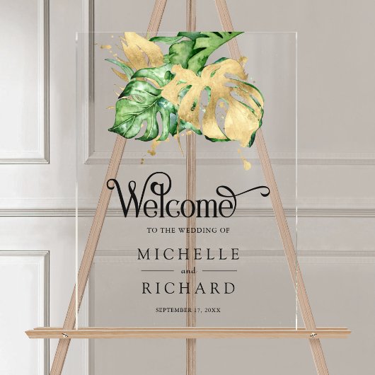 Gold Monstera Tropical Palm Wedding Welcome アクリルサイン