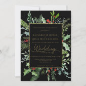 Gold Moody Winter Berry Botanical Monogram Wedding 招待状 (正面)
