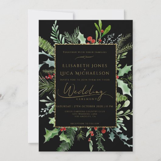 Gold Moody Winter Berry Botanical Monogram Wedding 招待状 (正面)