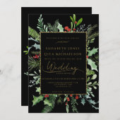 Gold Moody Winter Berry Botanical Monogram Wedding 招待状 (正面/裏面)