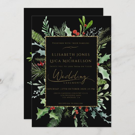 Gold Moody Winter Berry Botanical Monogram Wedding 招待状 (正面/裏面)