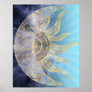 Gold Moon Sun Mandala Celestial Design ポスター