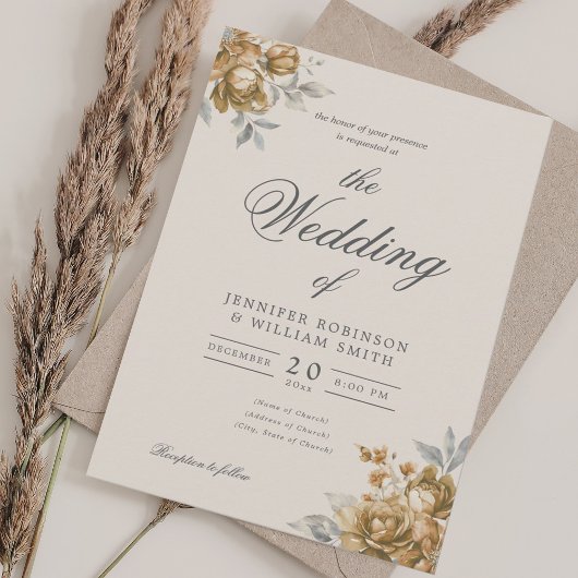 Gold Natural Rustic Floral Elegant Script Wedding  招待状
