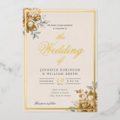 Gold Natural Rustic Floral Elegant Script Wedding  箔招待状 (正面)