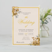 Gold Natural Rustic Floral Elegant Script Wedding  箔招待状 (立ち正面)