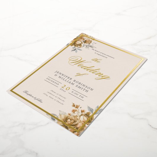 Gold Natural Rustic Floral Elegant Script Wedding  箔招待状 (回転した状態)