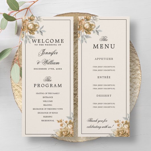 Gold Natural Rustic Floral Wedding Program Menu 招待状
