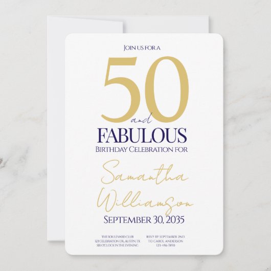 Gold Navy 50 and Fabulous | 50th Birthday Simple 招待状 (正面)
