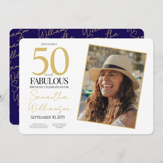 Gold & Navy | 50th Fabulous Photo Birthday Party 招待状 (正面/裏面)