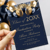 Gold Navy Blue Glitter Balloons Graduation Party 招待状