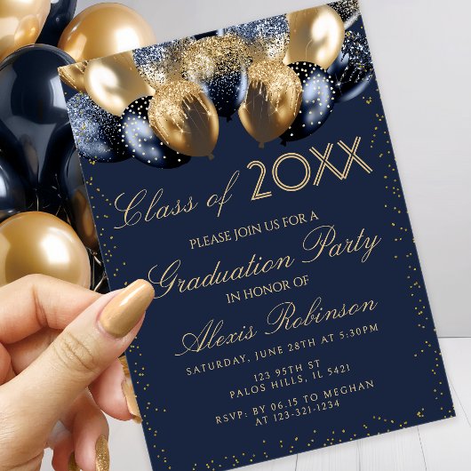 Gold Navy Blue Glitter Balloons Graduation Party 招待状