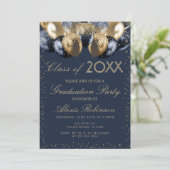 Gold Navy Blue Glitter Balloons Graduation Party 招待状 (スタンド正面)