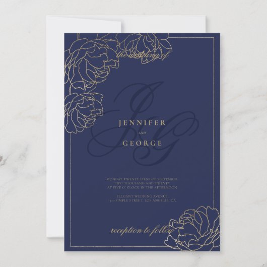Gold navy blue monogram initals floral wedding 招待状 (正面)