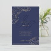 Gold navy blue monogram initals floral wedding 招待状 (スタンド正面)