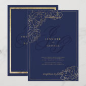 Gold navy blue monogram initals floral wedding 招待状 (正面/裏面)