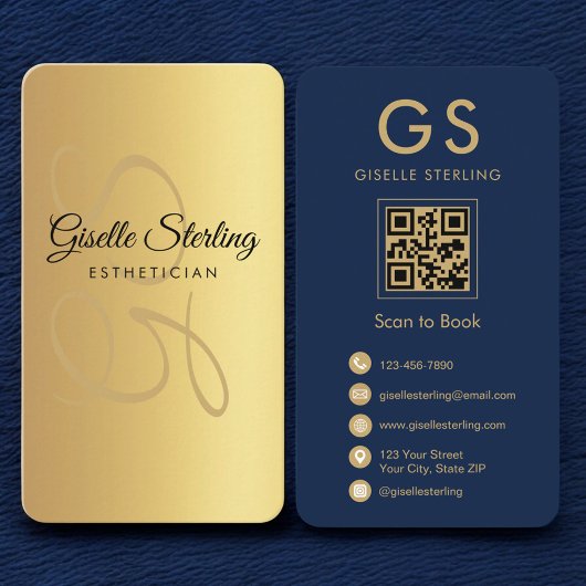 Gold Navy Blue QR Code Esthetician Monogram 名刺