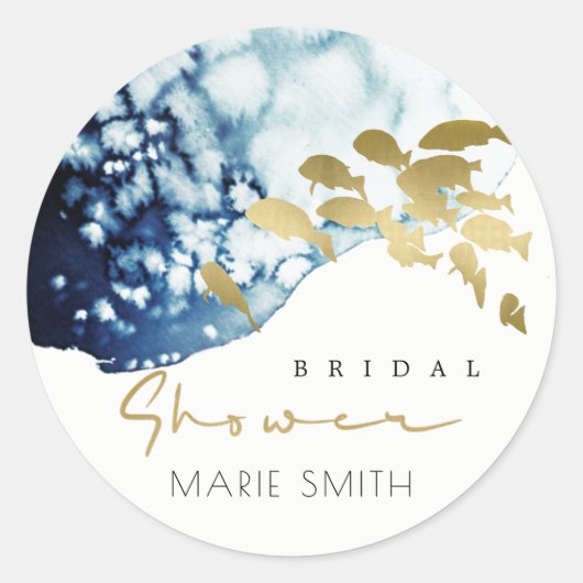 GOLD NAVY UNDERWATER SEA FISH BRIDAL SHOWER ラウンドシール (正面)
