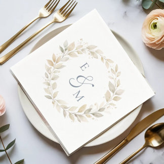 Gold Neutral Wreath Monogram Wedding Napkin スタンダードカクテルナプキン