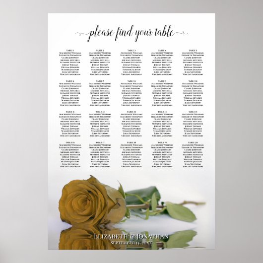 Gold Ochre Rose 20 Table Wedding Seating Chart ポスター (正面)