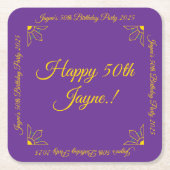 Gold on Royal Purple Birthday Party スクエアペーパーコースター (正面)