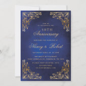 Gold Ornament Border Blue 50th Wedding Anniversary 招待状 (正面)
