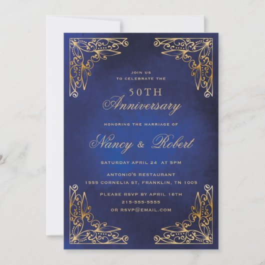 Gold Ornament Border Blue 50th Wedding Anniversary 招待状 (正面)