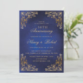 Gold Ornament Border Blue 50th Wedding Anniversary 招待状 (スタンド正面)