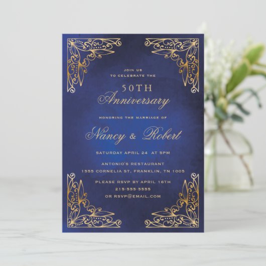 Gold Ornament Border Blue 50th Wedding Anniversary 招待状 (スタンド正面)
