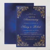 Gold Ornament Border Blue 50th Wedding Anniversary 招待状 (正面/裏面)