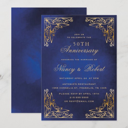 Gold Ornament Border Blue 50th Wedding Anniversary 招待状 (正面/裏面)