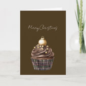Gold Ornament Chocolate Plaid Cupcake Christmas カード (正面)