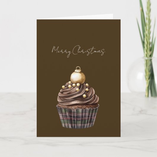 Gold Ornament Chocolate Plaid Cupcake Christmas カード (正面)