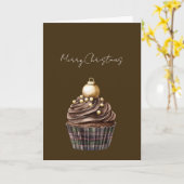 Gold Ornament Chocolate Plaid Cupcake Christmas カード (黄色い花)