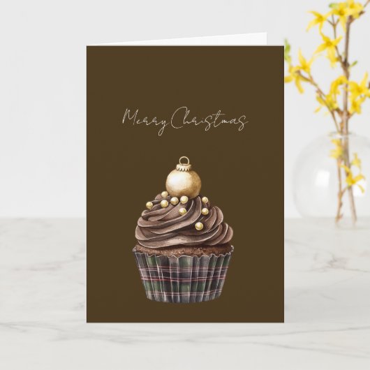 Gold Ornament Chocolate Plaid Cupcake Christmas カード (黄色い花)