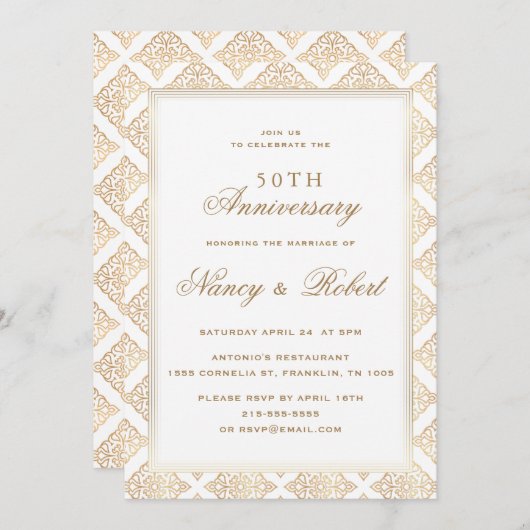 Gold Ornament Frame 50th Wedding Anniversary 招待状 (正面/裏面)