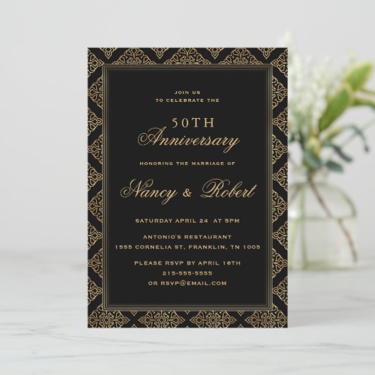 Gold Ornament Frame Black 50th Wedding Anniversary 招待状 (スタンド正面)