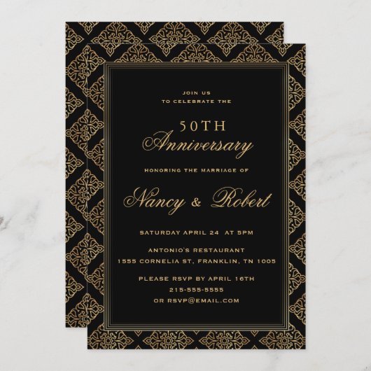 Gold Ornament Frame Black 50th Wedding Anniversary 招待状 (正面/裏面)