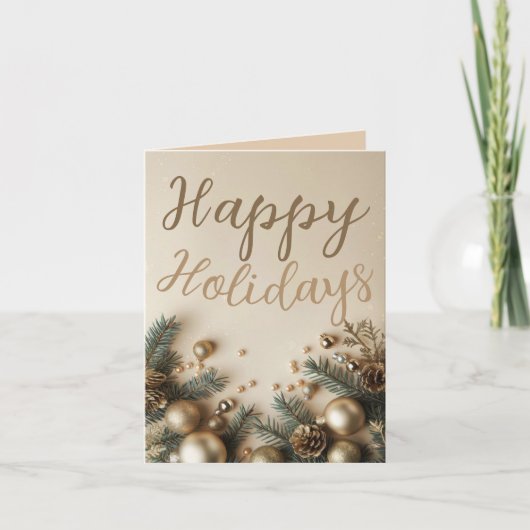Gold Ornament Greenery Holiday Wishes Christmas カード (正面)