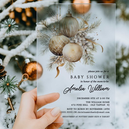 Gold Ornament Holiday Acrylic Baby Shower  アクリル招待状