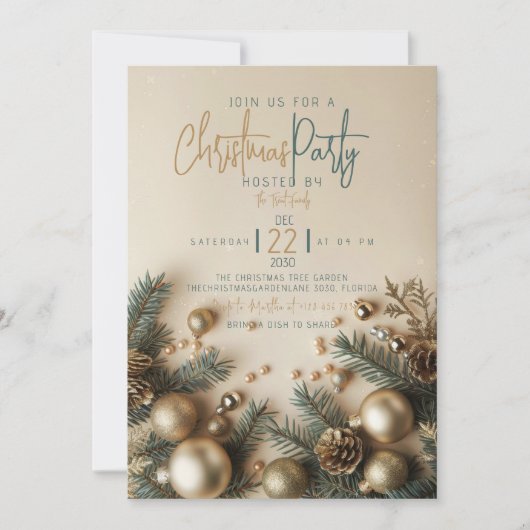 Gold Ornament with Greenery Holiday Christmas 招待状 (正面)