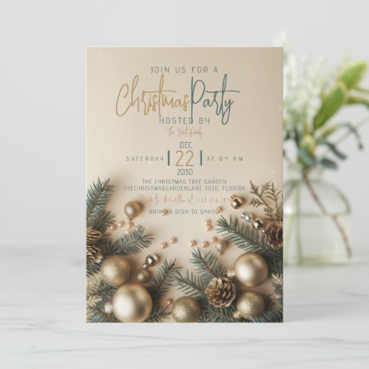 Gold Ornament with Greenery Holiday Christmas 招待状 (スタンド正面)