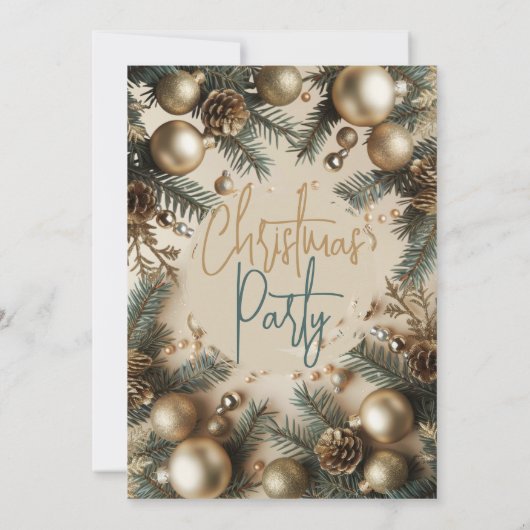 Gold Ornament with Greenery Holiday Christmas 招待状 (裏面)